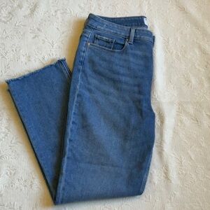 Paige Cindy Straight Jeans, Distressed Bottom Hems, Size 32